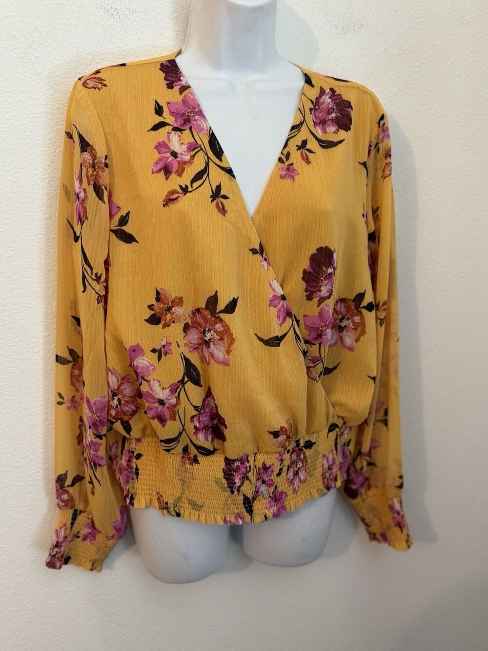 Bar III V-Neck Blouse Wrap Size L Long Sleeve Career Work Office Gold Floral New